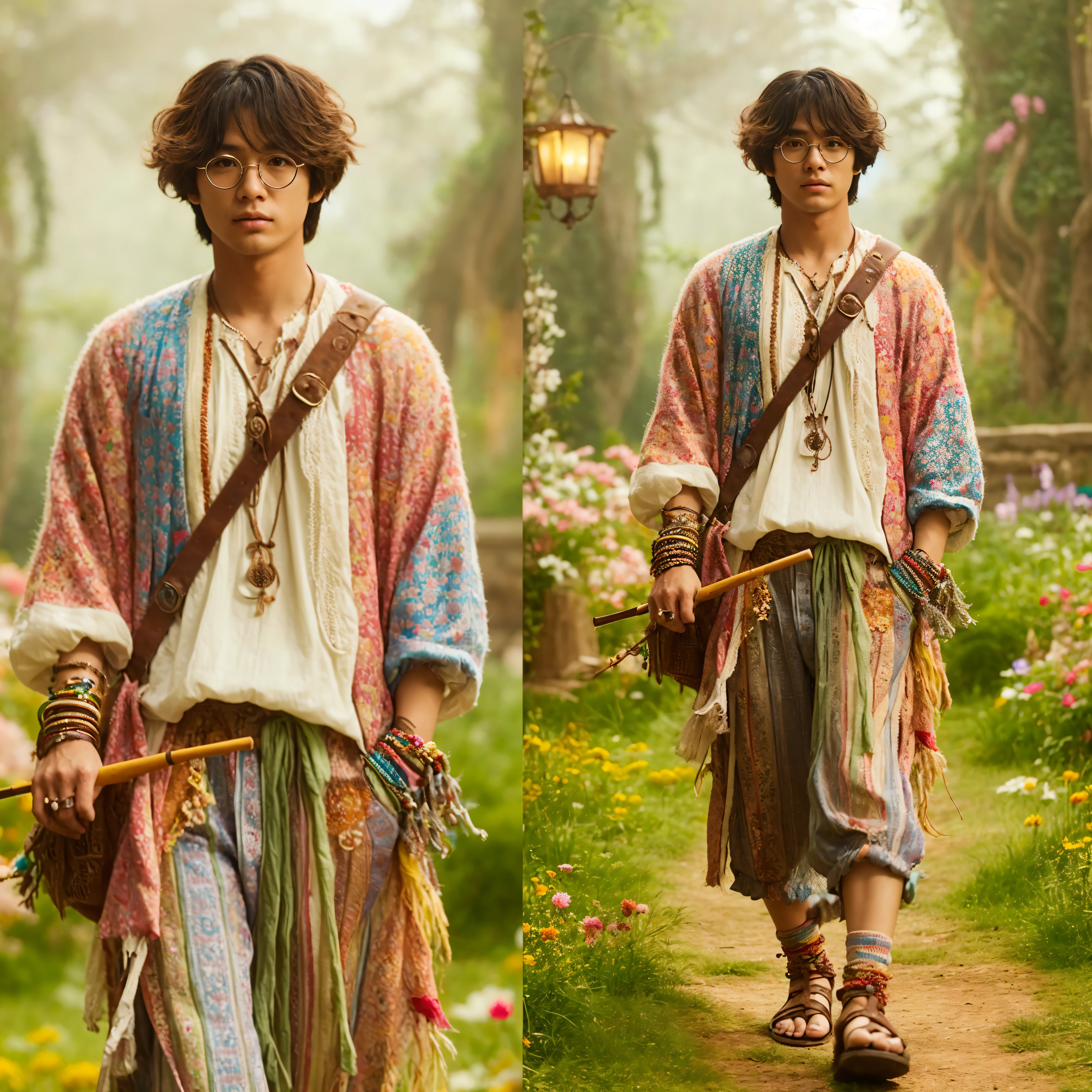 arafed image of a man in a colorful outfit walking down a path, inspired by Yamagata Hiro, japanese live-action movie, inspired by Yang Borun, boho chic | | very anime!!!, fanart, yan, steven jung, inspired by Du Jin, inspired by Urakusai Nagahide, still from a live action movie
