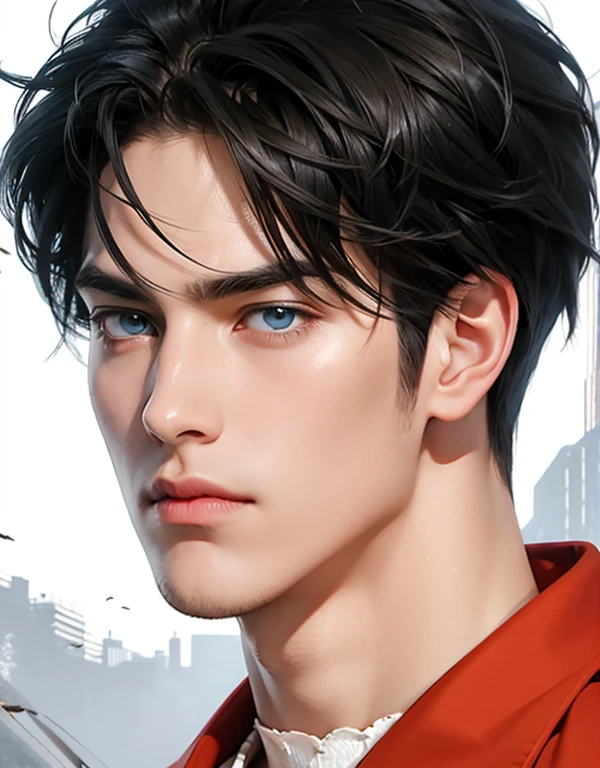 levi, SNK, a potrait of young handsome man, asian eyes, strong feature, angry face, looking away, blue eyes,