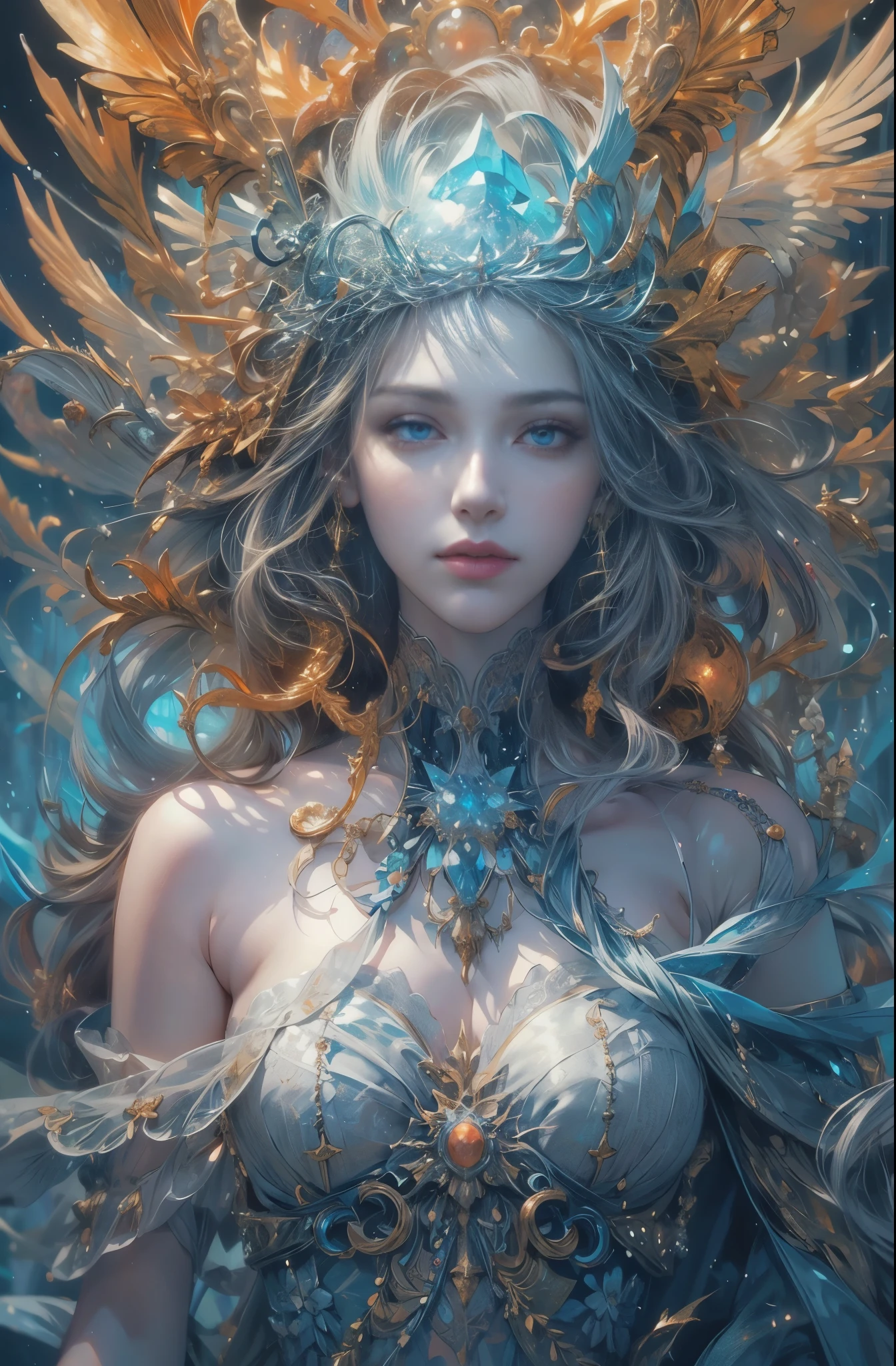 spirit of flame, hestia, Goddess of Flame, The Beginning Flame, sacred, dignity, Majestic, 4K fantasy art, Written by Gene Jay., fantasy art style, 2. 5D CGI Anime Fantasy Artwork, epic fantasy art style hd, Epic fantasy digital art style, detailed fantasy art, Detailed digital 2D fantasy art, Luan Jia and Artgerm, 8K fantasy art, sharp outline, very fine and beautiful eyes, Beautiful and delicate blue eyes, pretty much beautiful face, unparalleled beauty, masterpiece, highest quality, perfect angle, perfect composition, best shot, official art, cinematic light, very beautiful and fantastic scenery, chivalry dream, sense of presence, Michael'S letter, Christoph Huge 、Ultra-precision coating, luminism, art by Carne Griffiths and What a bone concept art, 4K resolution, Fractal isometricdetailed bioluminescence , 3D rendering, octane rendering, intricately detailed , cinematic, Trending isometric surreal cover photos、art station'amazing full color, handwritten, Defining a hit , cinematic,amazing background, abstract beauty,stand, approaching perfection, pure form, golden ratio, minimalistic, unfinished, concept art, Written by Brian Froud、khan griffith、What a bone、john william waterhouse, intricate details, 8K post production, High resolution, hyper detail, art stationのトレンド, studio photography, intricate details, Very delicate and detailed painting style, Beautiful painting art, greg latkowski, Close-up, female solo