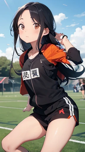 highest quality、realistic、Japanese、girl、whole body、look at the camera、cute、orange eyes、long hair、black hair、all back、Forehead is coming out、sports meeting、playground、Gym suit、sprinting