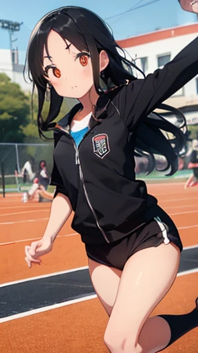 highest quality、realistic、Japanese、girl、whole body、look at the camera、cute、orange eyes、long hair、black hair、all back、Forehead is coming out、sports meeting、playground、Gym suit、sprinting