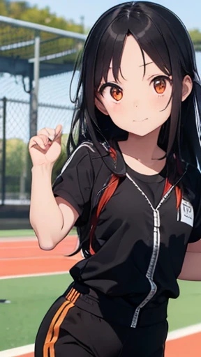 highest quality、realistic、Japanese、girl、whole body、look at the camera、cute、orange eyes、long hair、black hair、all back、Forehead is coming out、sports meeting、playground、Gym suit、sprinting
