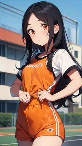 highest quality、realistic、Japanese、girl、whole body、look at the camera、cute、orange eyes、long hair、black hair、all back、Forehead is coming out、sports meeting、playground、Gym suit、sprinting