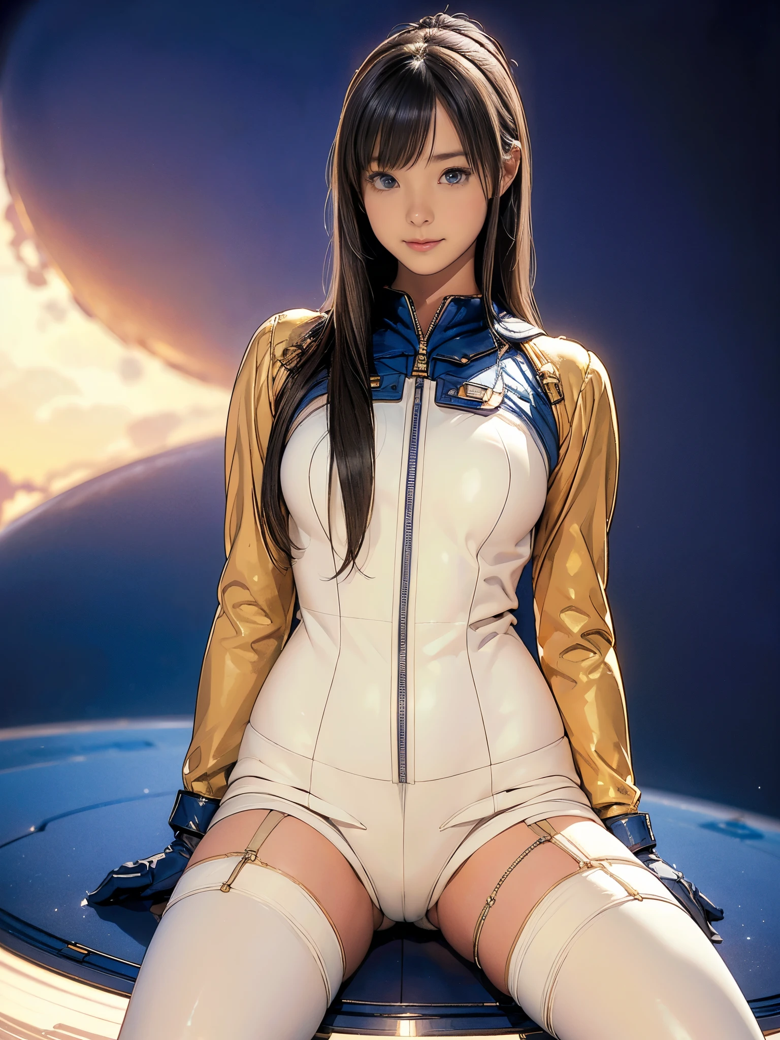 (masterpiece、best quality、Highest resolution、Clear_image、detailed details): (full body pictures、 girl、Japanese face、Small face、thin、Navy super short bob、blue eyes、Blue and Black Shiny Aviator Suit、Armor that protects the chest、tight clothes、Clothes that cover the whole body、leggings、Very delicate and beautiful、hide thighs、hide your ass、Cute type、gentle smile、soft expression、earphone、knee high boots、Glove length reaches elbow、Shoot at eye level、face directly、woman on spaceship), (((camel toe))), ((Pure white pantyhose))
