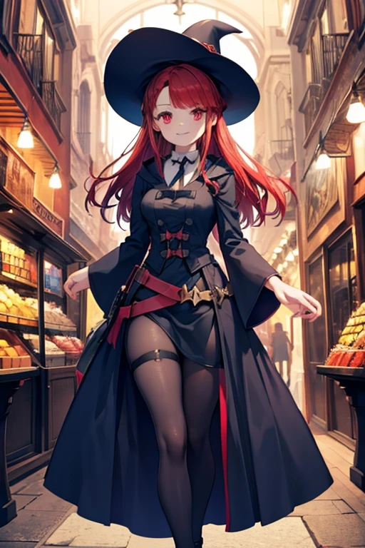 A red haired female witch with red eyes with an hourglass figure in a victorian dress is smiling in a magical market