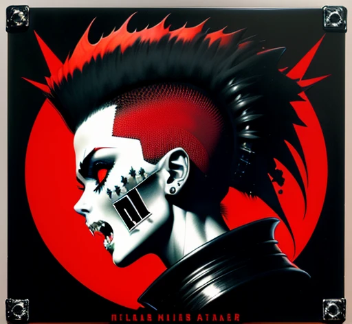 masterpiece, ultra detailed, best quality, uhd, 4k, 8k, scull, mohawk, open mouth, fangs, neck, shoulders, side view, "EXPLOITED" is written on top, "LET'S START A WAR..." is on bottom, illustration, red and black color palette, simple black background, exploited let's start a war album, an album cover by Greg Staples, reddit, nuclear art, punk album cover, official artwork,