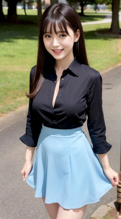 ((highest quality,8K,masterpiece:1.3)), Japanese, 24 year old female model, small breasts、bangs、black haired、long hair、straight hair、(Light blue dress shirt）,（black flared skirt:1.2),Slim figure、small breasts、laughter、The background is an empty park、