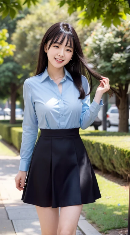 ((highest quality,8K,masterpiece:1.3)), Japanese, 24 year old female model, small breasts、bangs、black haired、long hair、straight hair、(Light blue dress shirt),(black flared skirt:1.2),Slim figure、small breasts、laughter、The background is an empty park、