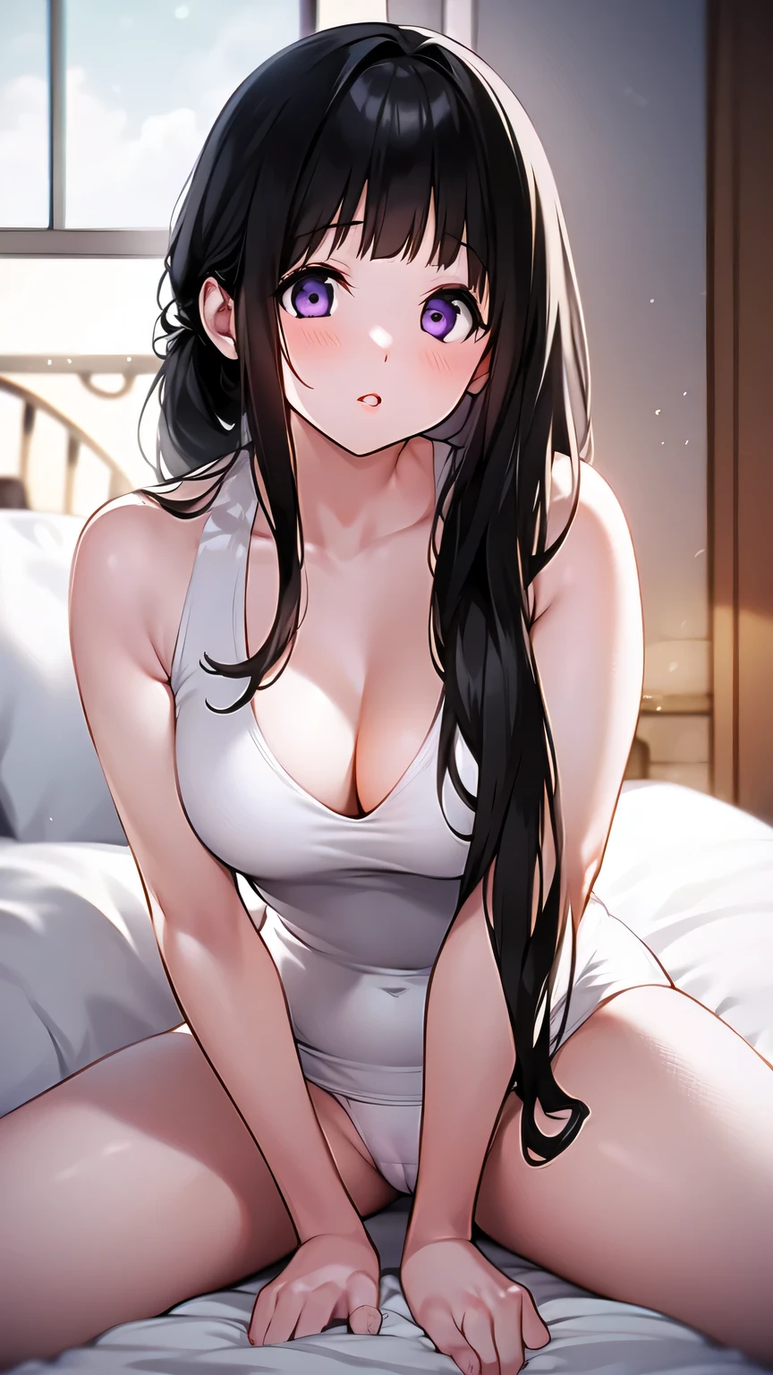Stunning Chitanda, There is only one beautiful girl,purple eyes, black hair, single ponytail, straight bangs,extremely refined,adult face,lips open,flowing long hair,Peerless beautiful girl, dreamlike,Slim,soft, (Sensual), (kawaii), Dream quality,Wearing only a white sweater,bed,raise your legs,strong sunlight,summer,extremely shy,Hands are not exposed,no pants,There are no shoulder straps,camel toe,no underwear,side breasts,showing areola,Bare thighs,bare shoulders,Clavicle exposed,bare neck,groin,barefoot,bare breasts,ultra high resolution, (masterpiece:1.2, best quality), (Exquisite and beautiful eyes: 1.2), (Beautiful and delicate face)