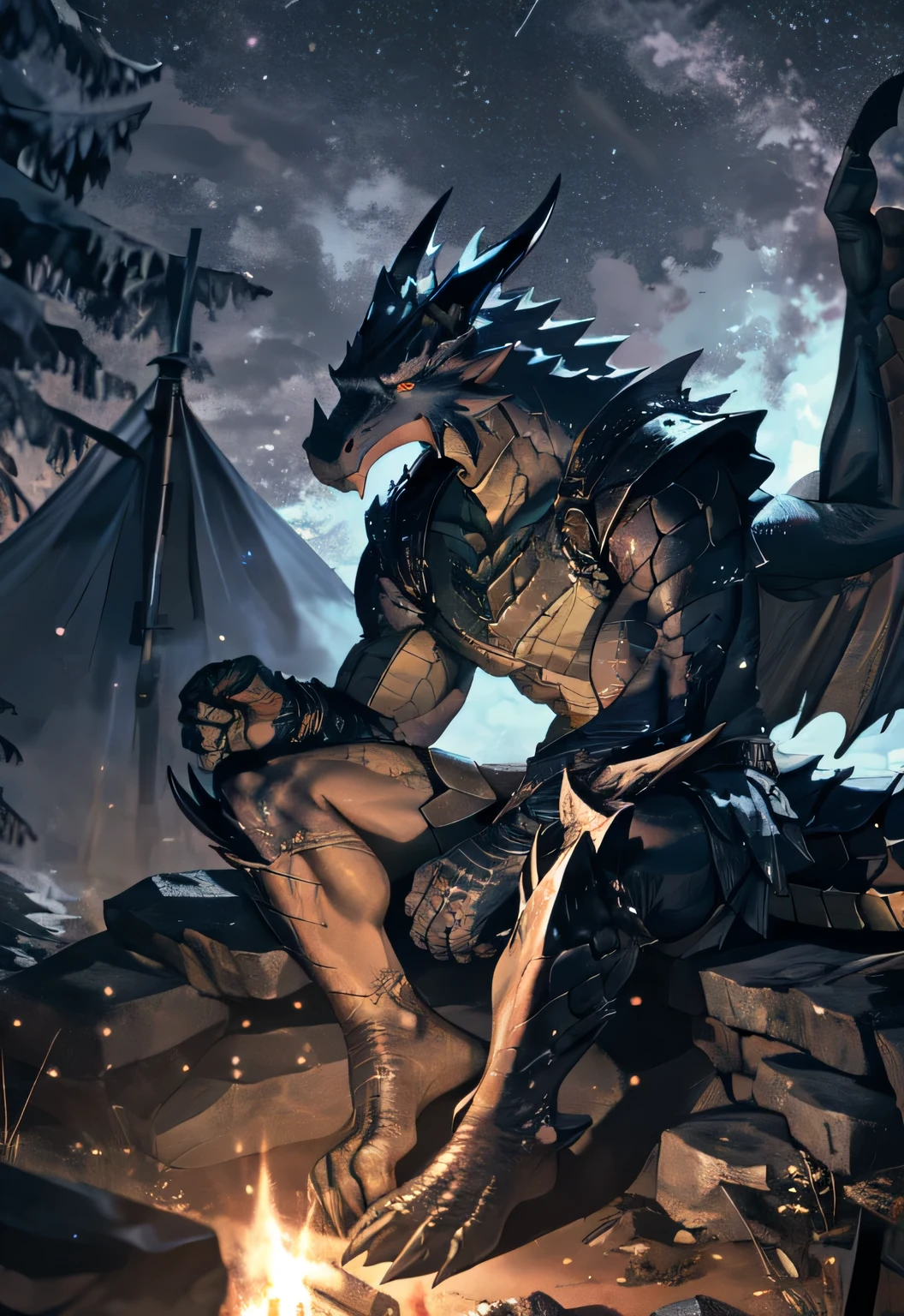 alone, Kanno, (dragon), Humanity, male, ((black body)), scales, Tail, muscle, Handsome, armor, middle Ages, fantasy, outdoor, external, dark, night, forest, campfire, camp, Star, sitting, toe claws, epic, depth of field, perfect lighting, (light particles),(best quality),(masterpiece),(ultra deTailed),sharp focus,light particles