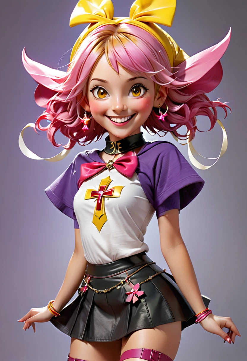Wearing a wired scarf around her head and neck is a girl with big gorgeous smile and yellow-brown eyes. A red hood is over her short yellow hair. On her hair is pik star-shaped bows. She is wearing a white croset over a purple T-shirt with short skeeves and a black mini leather skirt with a pink crucifix attached to the centre of the skirt