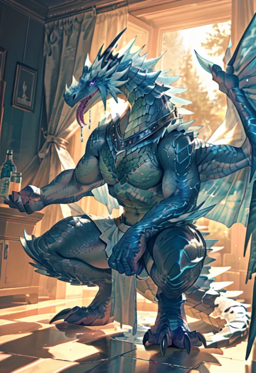 alone, (muscular), (Male human dragon):1.3, Bright scales, (Kamimei):1.3, (Common:1.4) (prayer):1.23, (，Wearing a short white loincloth）, exquisite eyes, lizard tail,A pair of dragon horns, A pair of dragon wings, (exquisite eyes，stripe，sharp claws，Cute animal paw，Sticking out tongue，careless person，Liquid spilled all over body，Air leakage in lower body，Fluid leaking from the lower body，Milk spilled all over the floor，glowing eyes):1.1, (in the room:1.35), In the bedroom，Squatting on the bed，dim，be licked，enjoy，obsessed， Face turned red，collar，Submit to，caress，drunk，Smile，enjoy，looking at camera，Submit to，having fun，Detailed background，realistically，realistic hand，8k high dynamic range，（shadow，wide dynamic range，high dynamic range，emphasize：1.2）