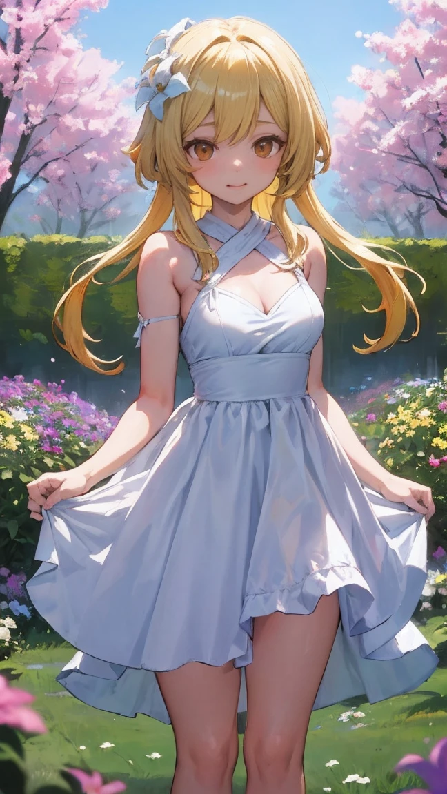 masterpiece, best quality, absurdres, perfect anatomy, 1girl, solo, ShivaPSO, long hair, twintails, from behind, sundress, yellow sundress, garden, day, sunshine, smile, looking back, <lora:Shiva-06:1>