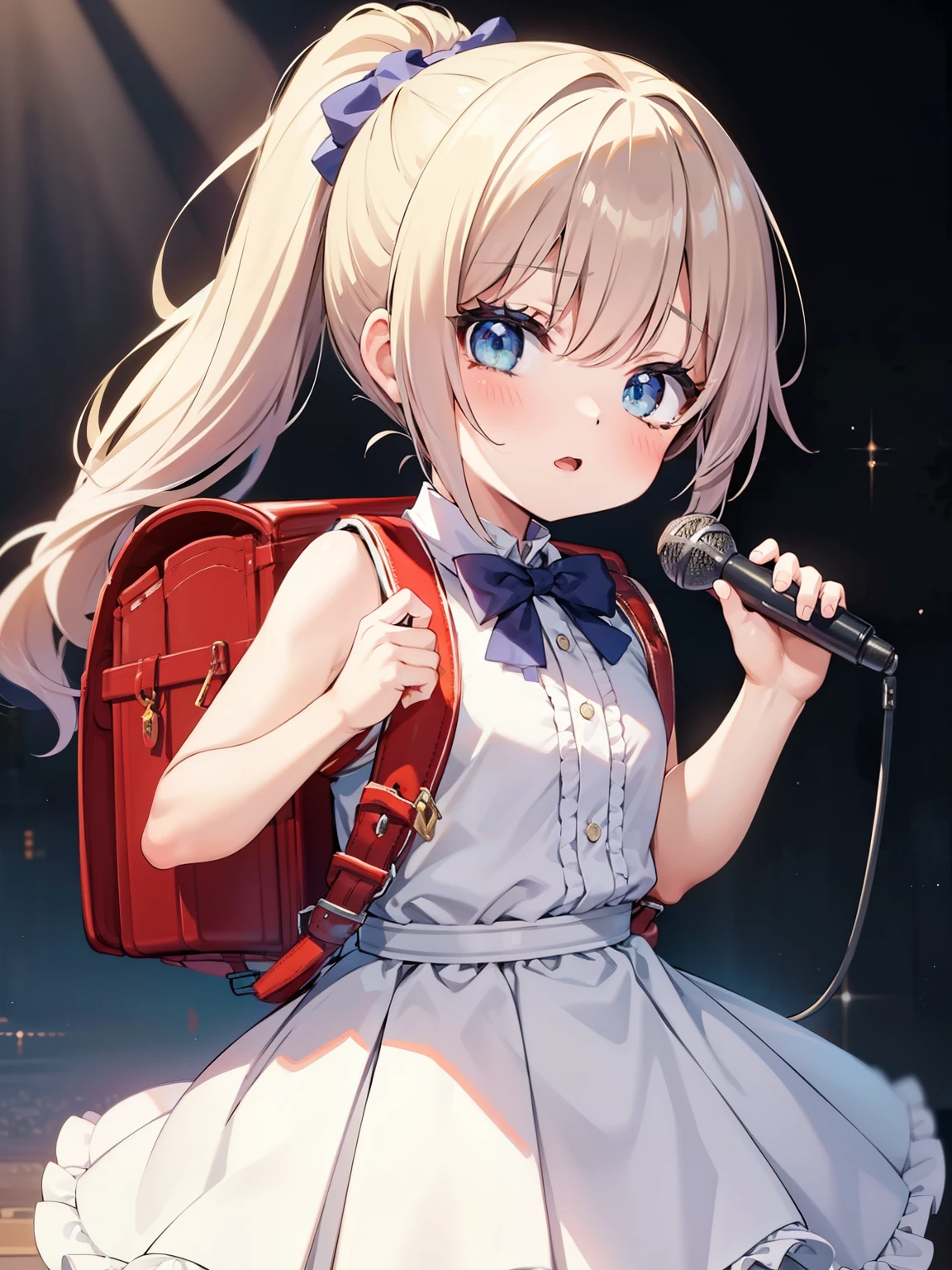 Masterpiece, hd, stage, singer, holding microphone, idol, 1 girl, cute, ponytail, frilled dress, perfect dress, bowtie light, elegant, best lighting, wearing backpack,  (backpack:1.1)