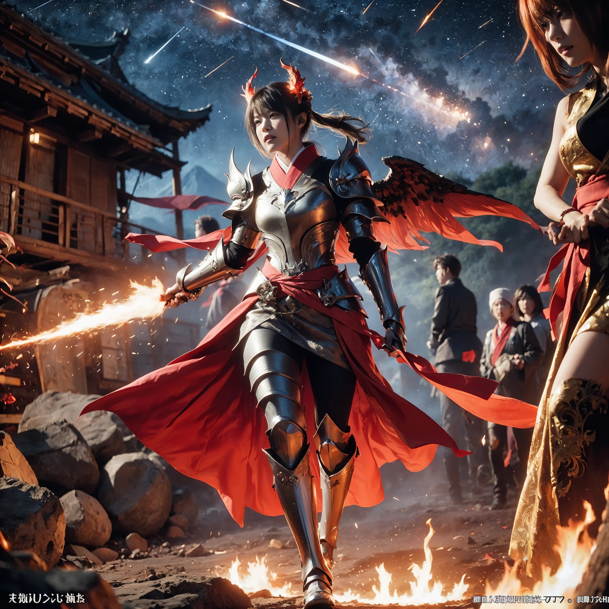 (((Realistic, masterpiece, best quality, crisp detail, high definition, high detail, very rich detail, sharp focus, sharp detail, colorful, rich color, perfect studio lightning))), ((20 years old, japanese goddess of hell, kasumi arimura)),(((in the middle of war, epic war scene))), wearing (((beautiful decorated golden heavy armor, phoenix armor, phoenix tails, decorated full body armor, fully armored beautiful kimono, wide colorful phoenix wings, blue aura))), (flying, floating, air attack stance, burning hands, holding fantasy weapon, blood scattered face, blood tears, blood bath, blood shed), (((fire everywhere, blood everywhere, death everywhere, japan bakumatsu period, dead bodies,carcass,burned japanese castle,hellish,chaos, hell fire, infernal molten lava land, exploding volcano, meteor shower)) burned traditional village background), shot from below