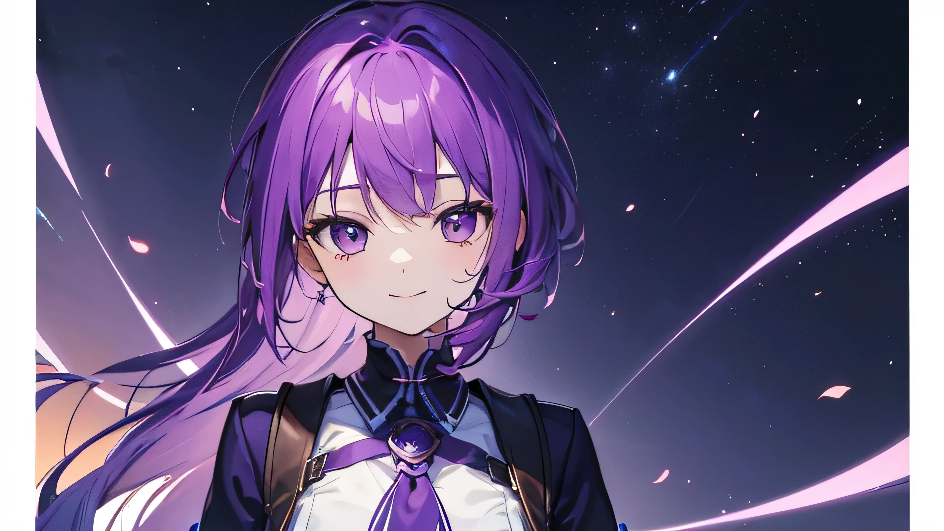 (T Masterpiece，4k wallpaper，best quality))、((girl１people))、(solo)、Shining and vivid，(purple hair)、(shortcut:1.3)、smile、uniform、wilderness、desolation、near future