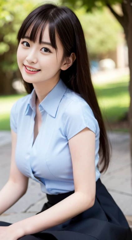 ((highest quality,8K,masterpiece:1.3)), Japanese, 24 year old female model, small breasts、bangs、black haired、long hair、straight hair、(Light blue dress shirt）,（black flared skirt:1.2),Slim figure、small breasts、laughter、The background is an empty park、