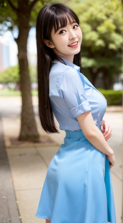 ((highest quality,8K,masterpiece:1.3)), Japanese, 24 year old female model, small breasts、bangs、black haired、long hair、straight hair、(Light blue dress shirt）,（black flared skirt:1.2),Slim figure、small breasts、laughter、The background is an empty park、