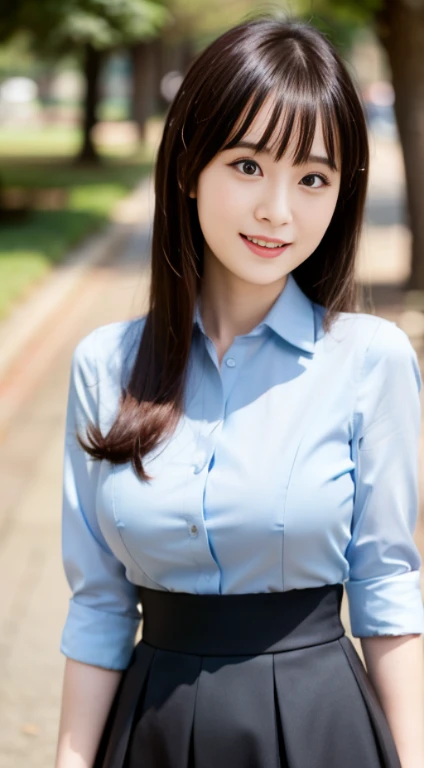 ((highest quality,8K,masterpiece:1.3)), Japanese, 24 year old female model, small breasts、bangs、black haired、long hair、straight hair、(Light blue dress shirt）,（black flared skirt:1.2),Slim figure、small breasts、laughter、The background is an empty park、