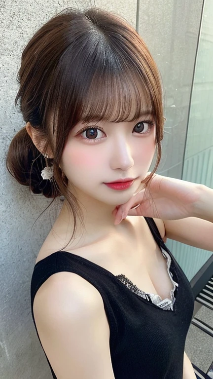 table top, highest quality, figure, Super detailed, finely, High resolution, 8k wallpaper, 完璧なダイナミックな構figure, detailed and beautiful eyes, ladies fashion summer,ponytail,small breasts natural color lip, bold sexy pose,Harajuku、20 year old girl、cute、sexy shot looking at camera