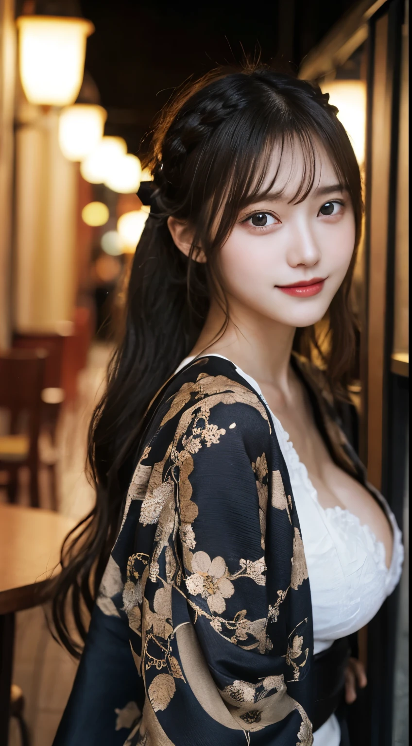 table top, highest quality, figure, Super detailed, finely, High resolution, 8k wallpaper, 完璧なダイナミックな構figure, detailed and beautiful eyes, black kimono,flower hair ornament,braid hair, middle of chest, natural color lip, random sexy poses,smile,shrine,big breasts,whole body,