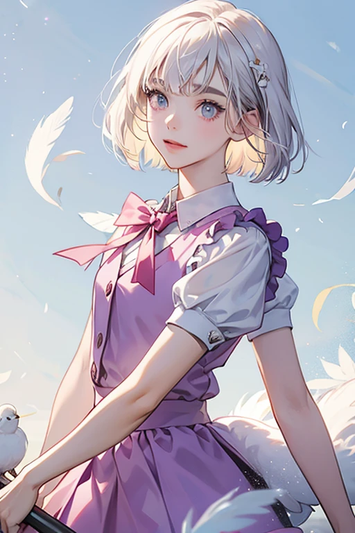 Webby is a small white pekin duck with white feathers that are generally styled in a bob-cut. She wears a pink bow on the right side of her head. She wears pink shirt with rolled-up sleeves, a blue sleeveless sweater vest, and a purple skirt. SPARKLE; GLITTER