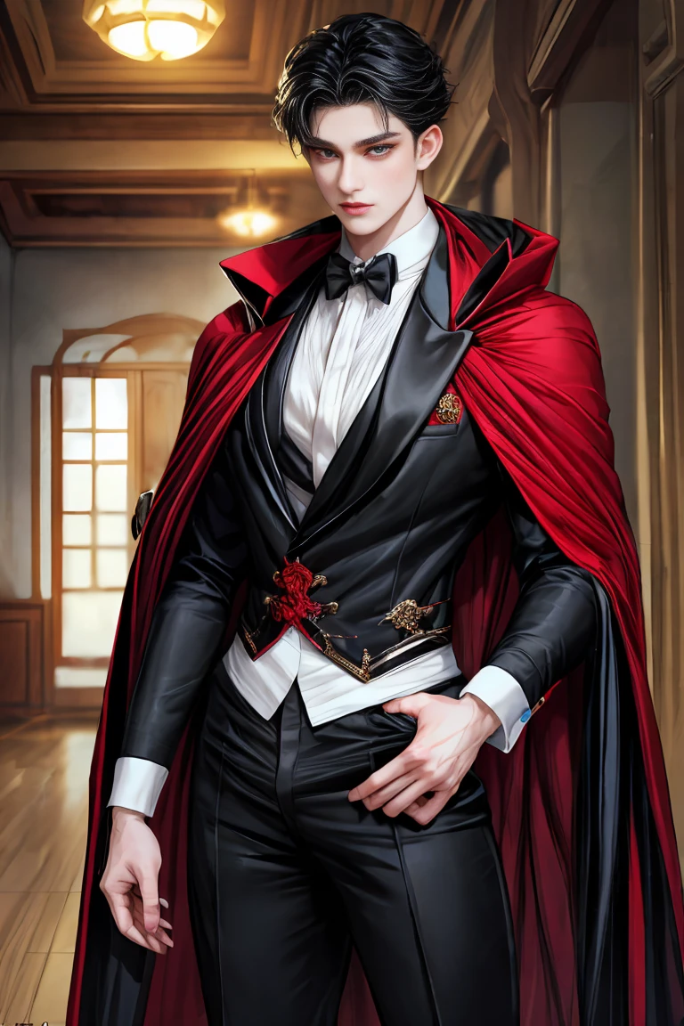 
masterpiece, 最high quality, high quality, 1 boy, alone, male focus, looking at the viewer, whole body, Winning spirit_destiny, messy black hair, blue adorable big eyes, white people, Noble, Noble, Noble的な吸血鬼、An elegant tuxedo,A very large, very tall stand-up collar, a very large, very long, long cape that reaches down to the floor, made of a lot of fabric, red and black., 17 years old,cute beautiful boy,cute cute handsome boy