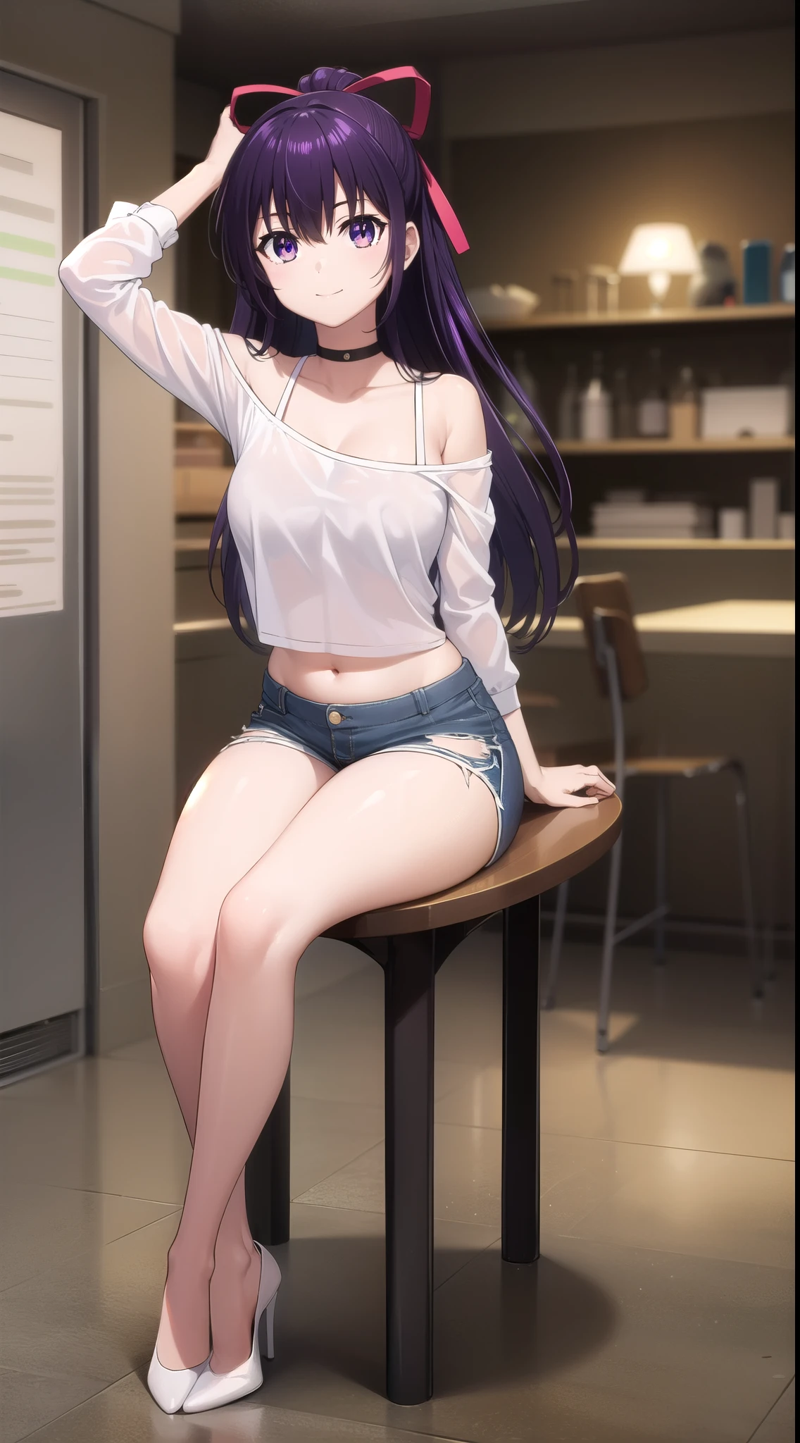 tohkayatogami, tohka yatogami casual, long hair, purple hair, alluringly smile, tight crop top, thin fabric,see through shirt, cold shoulder ,white top, long sleeves, v neck, fabric choker, short pants, short jeans , torn jeans, tight jeans (purple eyes:1.1), hair ribbon, ponytail, purple hair, white ribbon,g cup breasts, hard nipples, plump butt , low heels
BREAK ,
BREAK indoors, office, alone, sitting, sitting on table , low heels, white ribbon
BREAK looking at viewer, beautiful poses, hand on head, confident, full body view, head to toe view, create bit distance ,
BREAK (masterpiece:1.2), best quality, high resolution, unity 8k wallpaper, (illustration:0.8), (beautiful detailed eyes:1.6), extremely detailed face, perfect lighting, extremely detailed CG, (perfect hands, perfect anatomy),