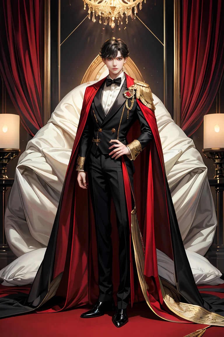 masterpiece, 最high quality, high quality, 1 boy, alone, male focus, looking at the viewer, whole body, Winning spirit_destiny, messy black hair, blue adorable big eyes, white people, Noble, Noble, Noble的な吸血鬼、An elegant tuxedo,A very large, very tall stand-up collar, a very large, very long, long cape that reaches down to the floor, made of a lot of fabric, red and black., ,cute beautiful boy,cute cute handsome boy