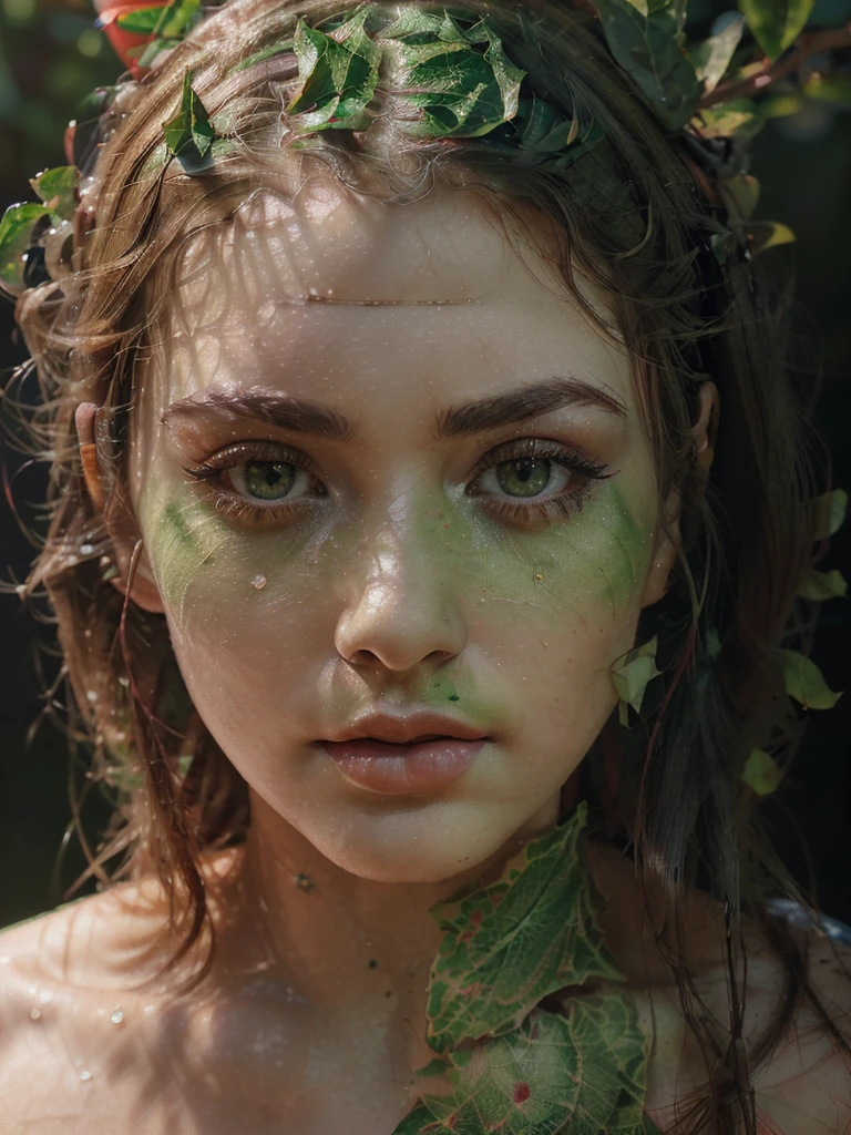 (a girl with a red pixelated apple for her head, green leaves on top of the apple head, beautiful detailed eyes, beautiful detailed lips, long eyelashes, red and green colors, a painterly style, soft lighting, a black background, ultra-detailed, sharp focus, realistic, photorealistic:1.37)