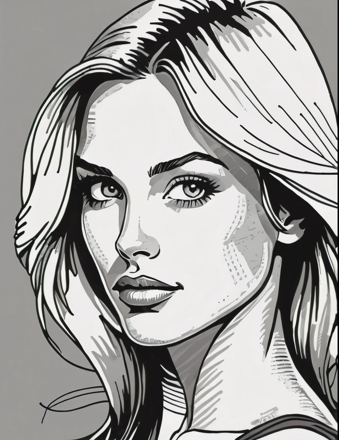((pen and ink drawing:1.4)),newspaper  style:1.1) Flat colors, close up, portrait of a blonde surfer girl,  natural beaty, beautiful,  clevage,
((([simply grey background])))