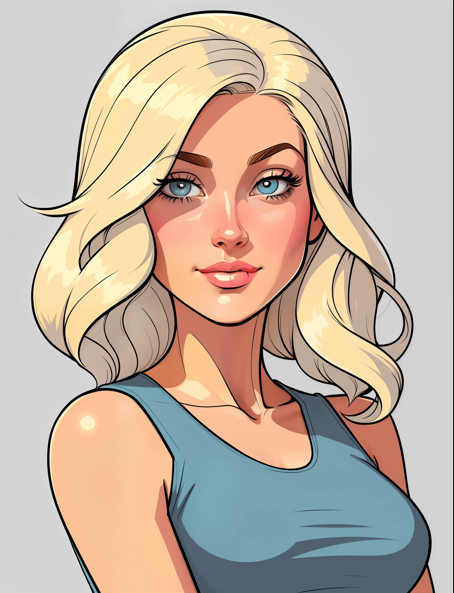 Flat colors, a 25 year old surfer looking girl, tan skin, ([blue eyes]) Beach blonde salty hair, natural beaty, beautiful, casual, blue tank top, masterpiece, 
((([simply grey background]))), in digital illustration style, Estilo de arte vectorial, Dibujo de estilo vectorial, a beautiful artwork illustration, Retrato de belleza estilizado, Jen Bartel, cartoon style illustration, stylized digital illustration, retro illustration, Retrato estilizado, Hermoso retrato de Nami, art cover illustration, Belleza Art Nouveau Mujer, vector illustration