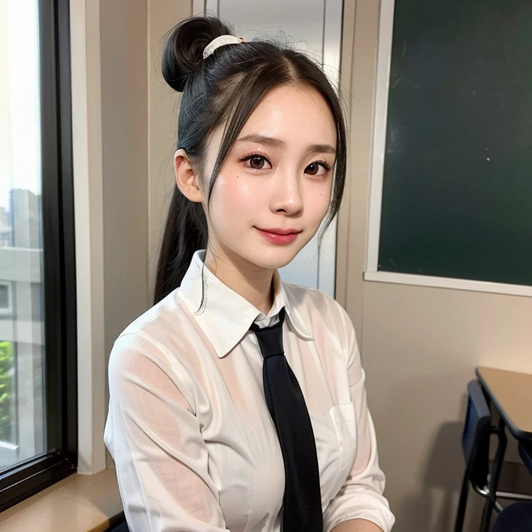 (kawaii 24 year-old Japanese girl, Nogizaka idol, Korean idol), (glossy black hair, high ponytail, center ponytail, single ponytail, forehead:1.3), (rounded face, single eyelid, no makeup, soft smiling:1.2), (wearing collared shirt, necktie:1.3), (well shaped extra small breasts), (looking at viewer:1.2), BREAK, (classroom background, standing by the window:1.3), (dynamic angle, face focus:1.3), BREAK, (masterpiece, best quality, photo realistic, official art:1.4), (UHD, 8K quality wallpaper, high resolution, raw photo, film grain:1.2), (shiny skin), professional lighting, physically based rendering, award winning, (perfect anatomy, highly detailed skin textures, extremely detailed face and eyes, well drawn glittering pupils), Carl Zeiss 85 mm F/1.4, depth of field, 1girl, solo,
