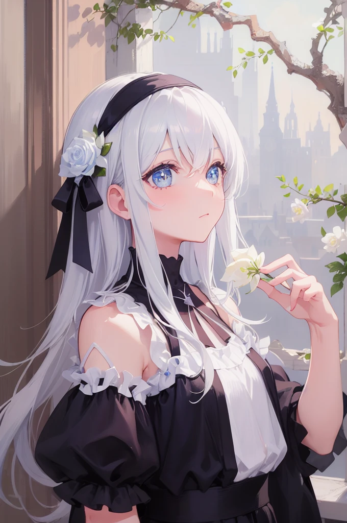((masterpiece, best quality))++, Detail lights+,  detail hair+, Detail hand+ ,1 girl, Honey, long gray hair,   dark blue eyes,  beautiful eyes, Young gray hair,,(beautiful white hair:1.5),(beautiful eyes),    high resolution+,   black stockings  ， a white pajamas, Glass tones, Reflective eyeanyery detail wallpaper, The original, ,Headband ，Nature，White rose