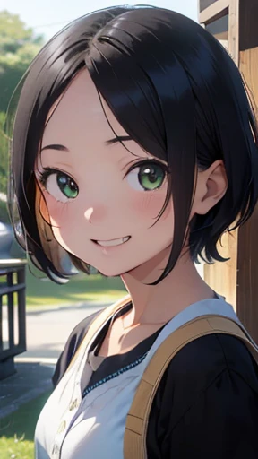 highest quality、realistic、Japanese、girl、whole body、look at the camera、cute、Green eyes、short hair、black hair、all back、Forehead is coming out、playground、Jersey、Banzai、joy、smilingly