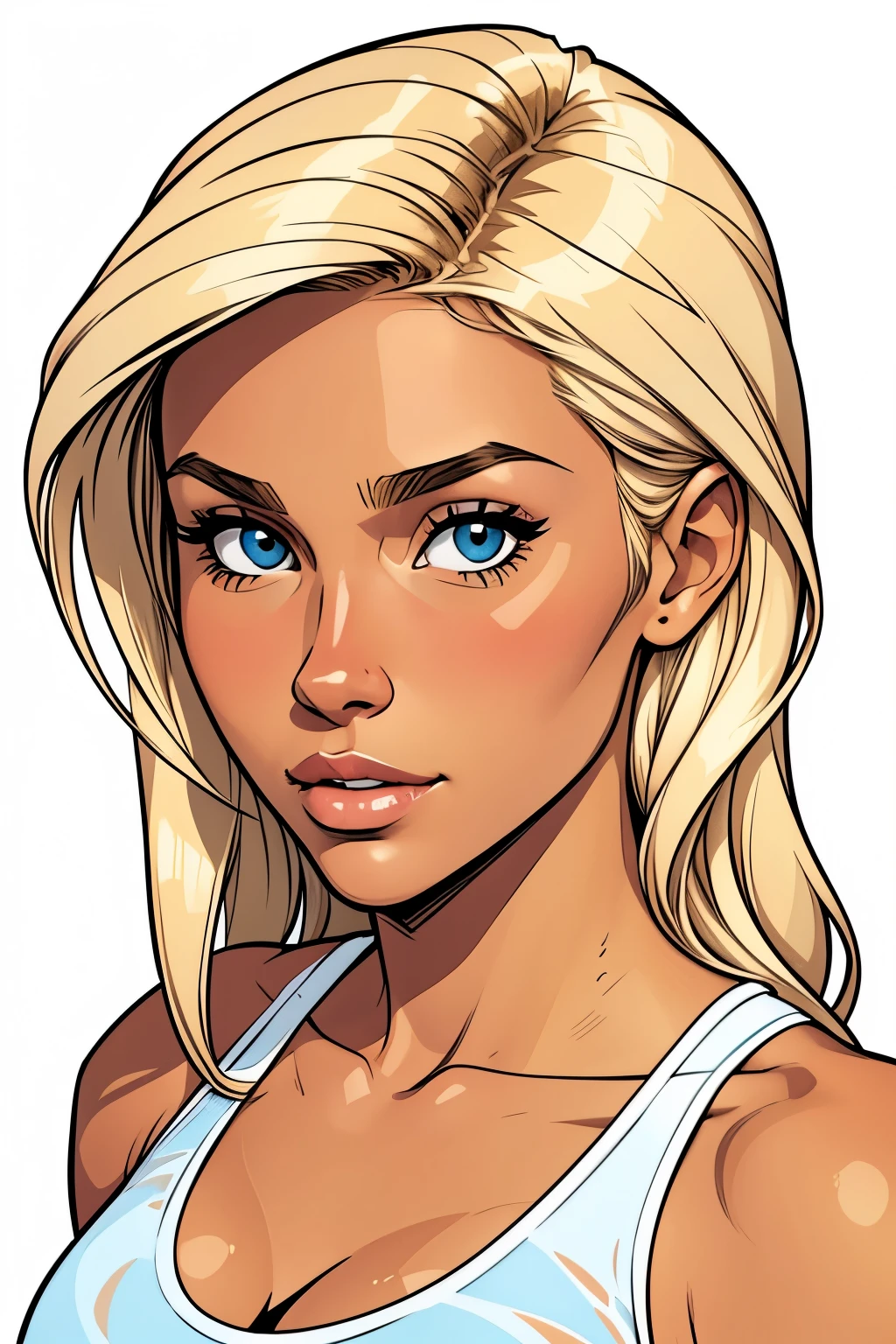 Flat colors, close up, portrait of a 25 year old surfer looking girl, tan skin, beach blonde salty hair, natural beaty, beautiful, casual, see thru tank top, Cleavage simply white background