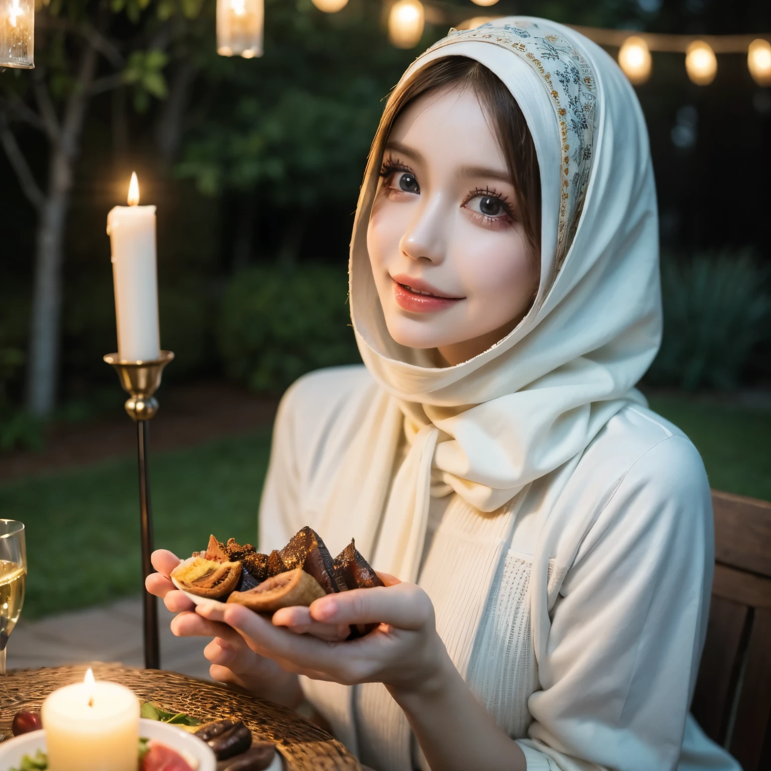 hijab girl,eating iftaar,beautiful detailed eyes,beautiful detailed lips,extremely detailed eyes and face,long eyelashes,[traditional attire],delicate hands,happy expression,traditional hijab,ramadan decorations,
(bright colors:1.2),soft lighting,vibrant atmosphere,(photorealistic),fine details,scrumptious food,sweet delicacies,sparkling tableware,floral patterns,ethereal ambience,candlelight flickering,peaceful garden,relaxing evening,crescent moon and stars,contemplative mood,lush greenery