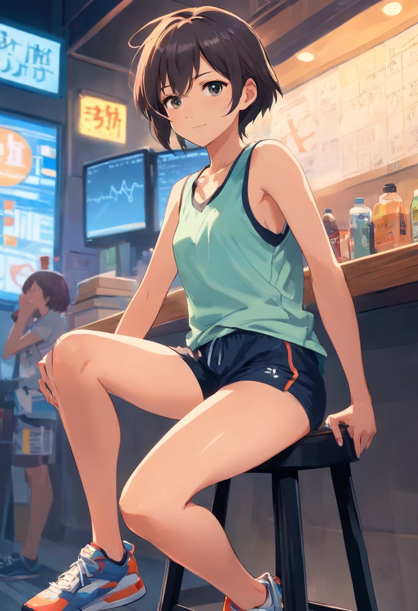 a woman sitting on top of a black stool, in running shorts, short shorts,
