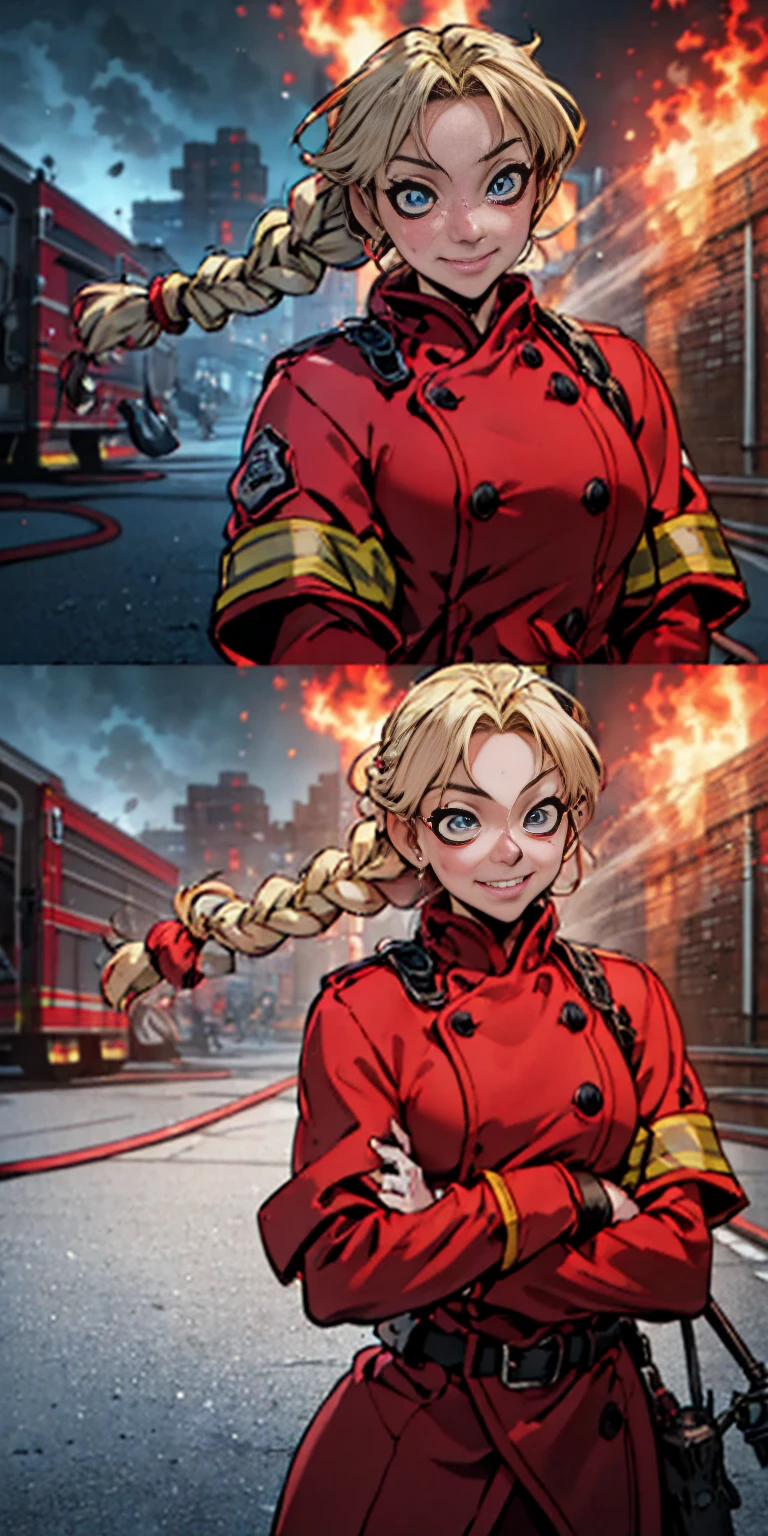 (, vulgar art:1.2), (2d style:1.2), (artwork:1.2), (lineart:1.33), , by (Satoshi Kon:1.2) BREAK, best quality, masterpiece, 8k, (hdr:1.1), (cinematic:1.2), (firefighter's outfit, firefighter's outfit:1.4), (medium :1), elsa of arendelle, long hair, smile, blue eyes, (blonde hair:1.3), braid, single braid