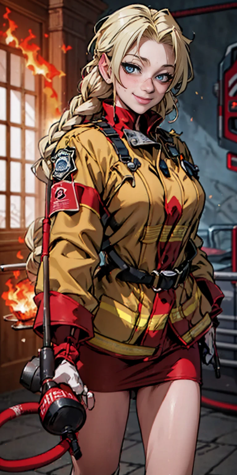 (nsfw, vulgar art:1.2), (2d style:1.2), (artwork:1.2), (lineart:1.33), , by (Satoshi Kon:1.2) BREAK, best quality, masterpiece, 8k, (hdr:1.1), (cinematic:1.2), (firefighter's outfit, firefighter's outfit:1.4), (medium breast:1), elsa of arendelle, long hair, smile, blue eyes, (blonde hair:1.3), braid, single braid