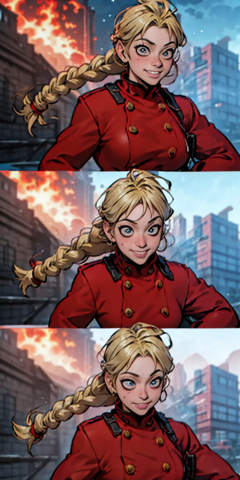 (nsfw, vulgar art:1.2), (2d style:1.2), (artwork:1.2), (lineart:1.33), , by (Satoshi Kon:1.2) BREAK, best quality, masterpiece, 8k, (hdr:1.1), (cinematic:1.2), (firefighter's outfit, firefighter's outfit:1.4), (medium breast:1), elsa of arendelle, long hair, smile, blue eyes, (blonde hair:1.3), braid, single braid