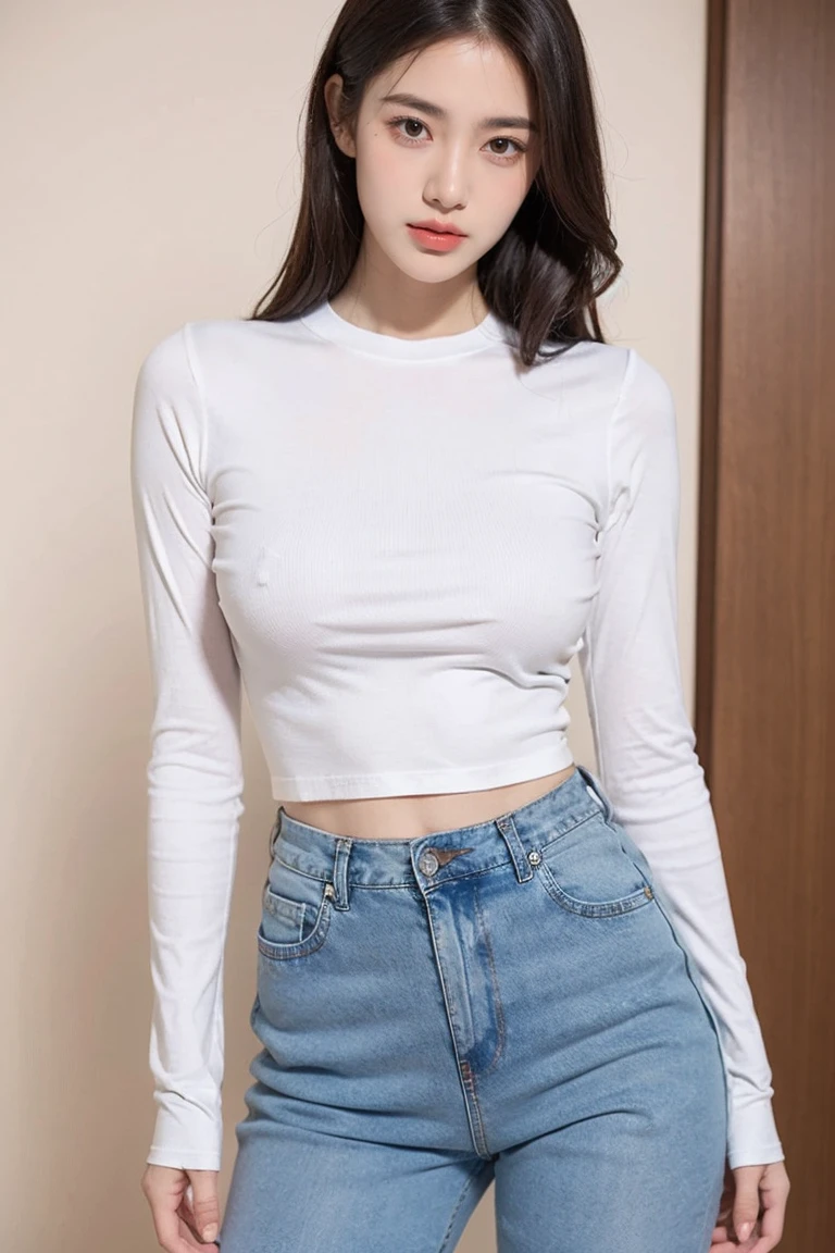 Upper body wearing tight fitted skinny t-shirt women with long sleeve , lower body wearing koren high waisted tight fitted skinny jeans