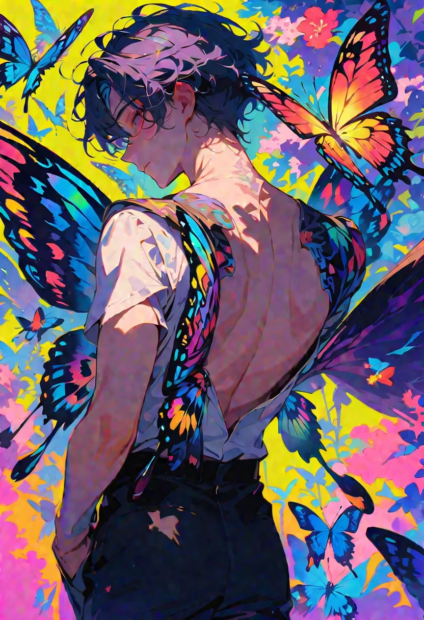 Colorful butterfly wings grow out of boy&#39;s back，masterpiece，extremely high quality，The wings take up most of the picture.，Boy is sideways，Dreamy colors
