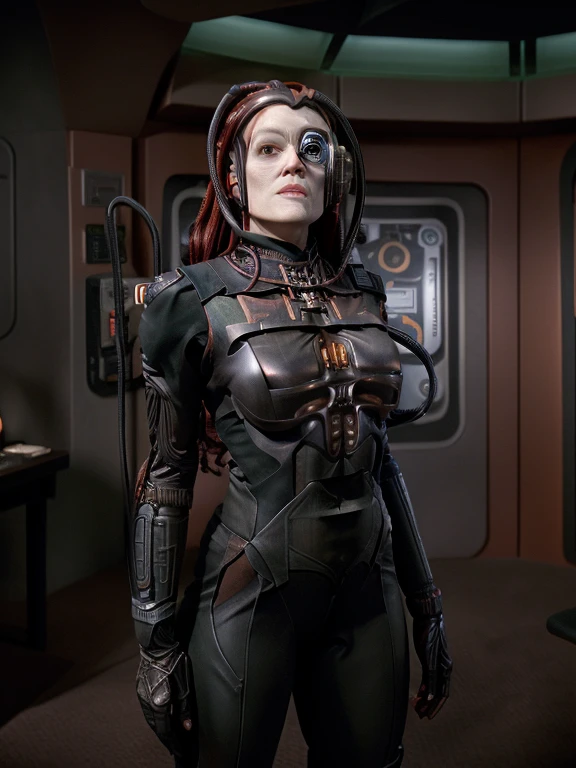 (best quality:1.2), 1girl, full body showing, correct anatomy, correct eyes, detailed face, pretty face, zero expressions, spacesuit, cyborg, (correct drawn face)++, (black and red two-toned hair)+, half-red half-black retro wavy hairstyle, MUF, epic scenery,correct drawn fingers, trekborg, borg, wires in head, implants, grey skin veins, metal armor, cable, eyepatch, green lighting
