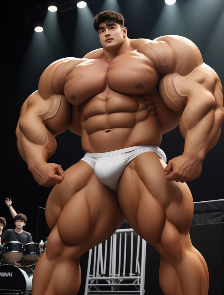 1boy, giant, model shoot style, looking at viewer, standing, illuminating light, bulk, strong body, large size, standing, music concert stage, white underwear, brutalmass