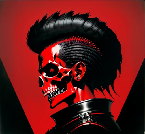 masterpiece, ultra detailed, best quality, uhd, 4k, 8k, duotone, portrait, 1man, scull, mohawk, open mouth, fangs, skeleton, neck, shoulders, side view, predator, "EXPLOITED" is written on top, "LET'S START A WAR..." is on bottom, illustration, (((red and black color palette))), simple black background, exploited let's start a war album, an album cover by Greg Staples, reddit, nuclear art, punk album cover, official artwork,