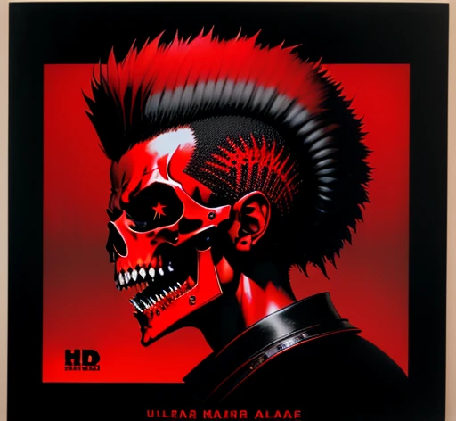 masterpiece, ultra detailed, best quality, uhd, 4k, 8k, duotone, portrait, 1man, scull, mohawk, open mouth, fangs, skeleton, neck, shoulders, side view, predator, "EXPLOITED" is written on top, "LET'S START A WAR..." is on bottom, illustration, (((red and black color palette))), simple black background, exploited let's start a war album, an album cover by Greg Staples, reddit, nuclear art, punk album cover, official artwork,