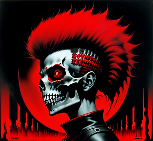 masterpiece, ultra detailed, best quality, uhd, 4k, 8k, duotone, portrait, 1man, scull, mohawk, open mouth, fangs, skeleton, neck, shoulders, side view, predator, "EXPLOITED" is written on top, "LET'S START A WAR..." is on bottom, illustration, (((red and black color palette))), simple black background, exploited let's start a war album, an album cover by Greg Staples, reddit, nuclear art, punk album cover, official artwork,