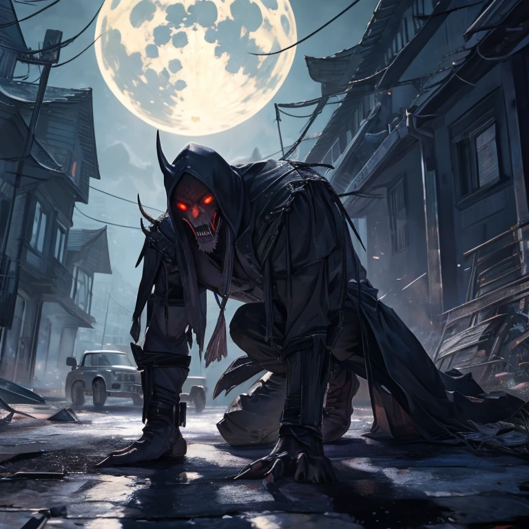 (best quality,4k,8k,highres,masterpiece:1.2),ultra-detailed,(realistic,photorealistic,photo-realistic:1.37),large,creepy,monster,tall,long arms,skinny,sharp teeth,dark shadow,menacing look,glowing red eyes,horrifying presence,ominous atmosphere,[distorted],sinister grin,horror movie style,spooky landscape,surreal backdrop,dimly lit,moonlight illuminating the scene,crawling in the darkness,sinewy muscles,[giant creature emerging from the mist],eerie silence,evokes fear and unease,nightmarish appearance,unsettling vibe