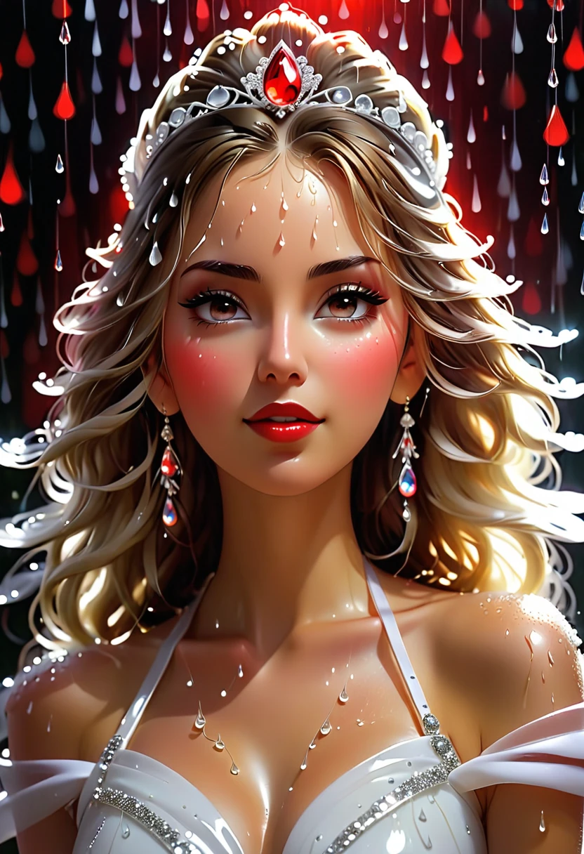 Dazzling lights ((Droping on his face)) Is Giantic Raindrops that holds the face of a beautiful woman wearing a white tiara on her red longDazzling lights ((Droping on his face)) Is Giantic Raindrops that holds the face of a beautiful woman wearing a white tiara on her red long artists starsnits90